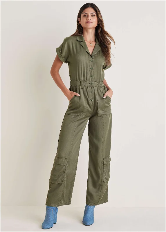 Women's Seasonal Clothing Cargo Utility Jumpsuit - Olive