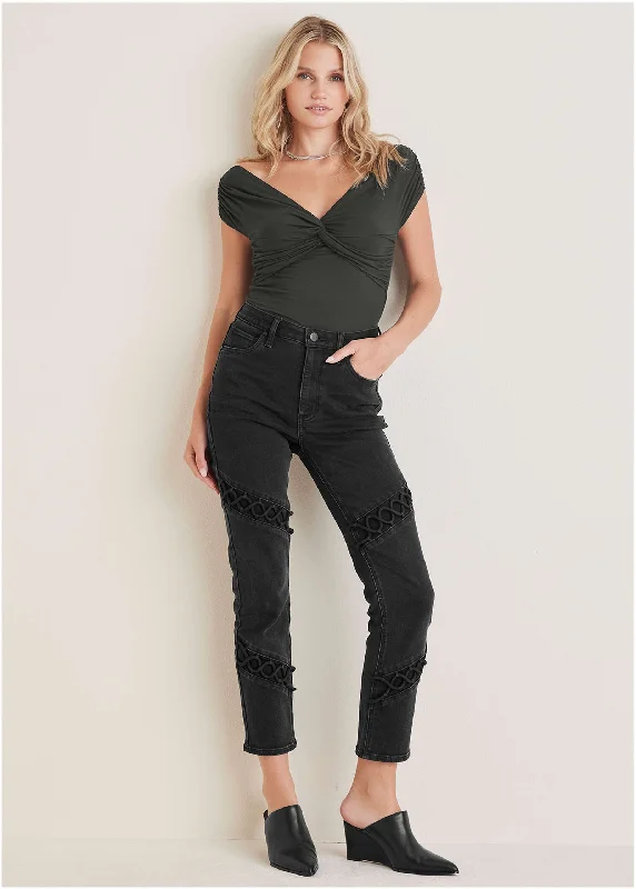 Women's Loungewear Clothes Braided Straight Leg Jeans - Black Wash