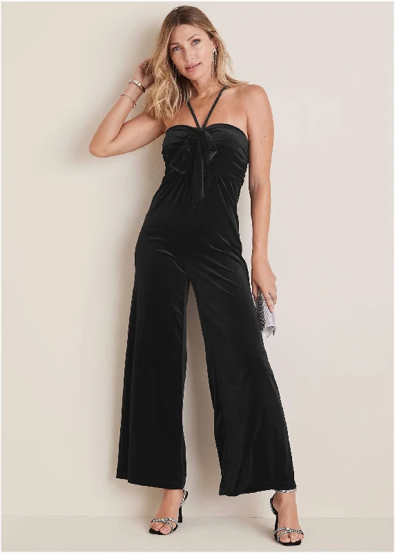 Vintage-Inspired Garments Stretch Velvet Halter Jumpsuit - Black