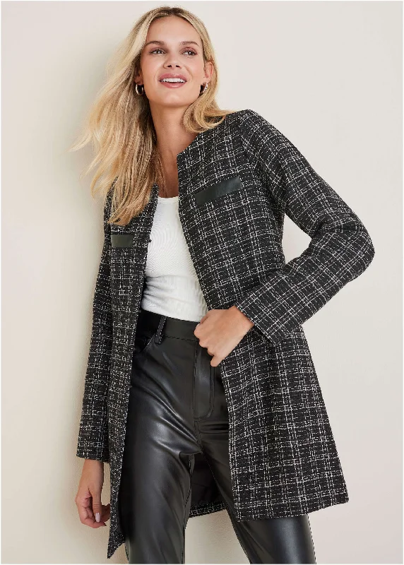 Women's Holiday Apparel Tweed And Faux-Leather Coat - Black & White