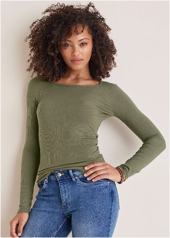 Women's Travel Attire Ribbed Crew Neck Top - Olive