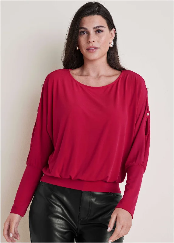 Luxury Women's Clothes Bling Cold-Shoulder Blouse - Barberry