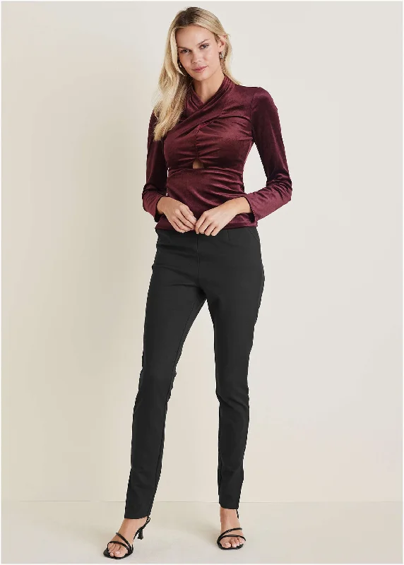 Women's Clothes And Apparel Velvet Twist Front Blouse - Wine