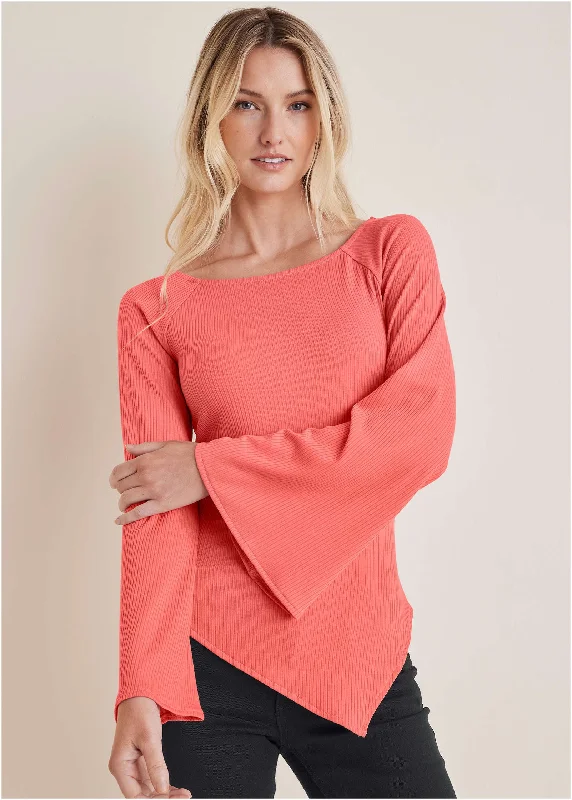 Women's Holiday Attire Ribbed Bell Sleeve Top - Mineral Red