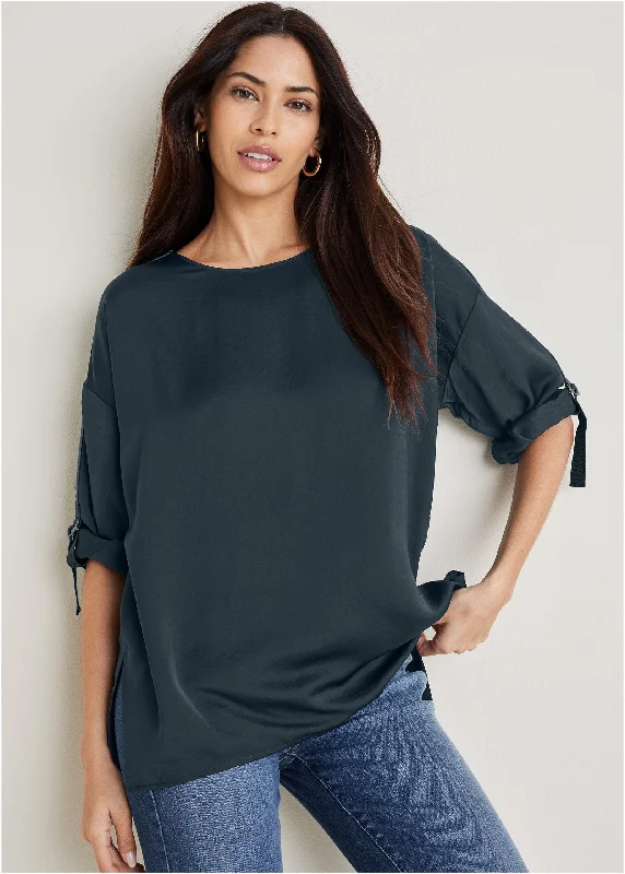 Casual Outfit For Women Roll Tab Sleeve Blouse - Navy