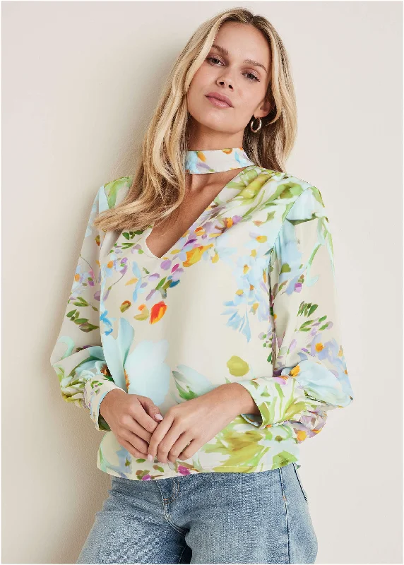 Women's Outfit Printed Tie Neck Blouse - Coquette Bouquet