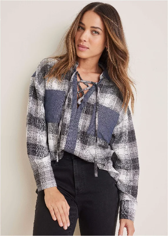 Comfortable Garments For Women Plaid Lace-Up Shirt - Grey Plaid