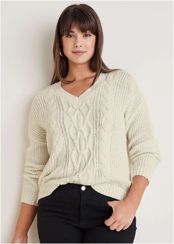 Women's Clothing With Trendy Designs Cable Knit Sweater - Off White