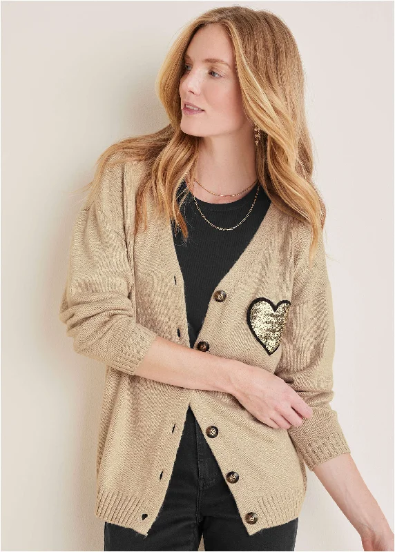 Women's Casual Apparel Sequin Heart Cardigan - Oatmeal Multi