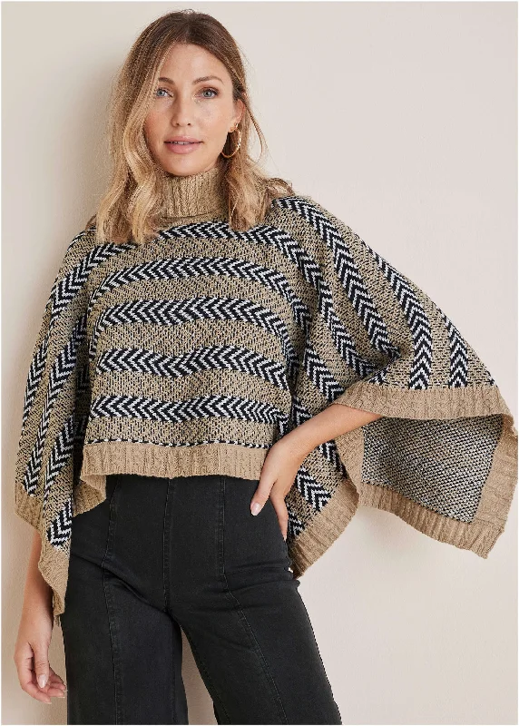 Trendy Athleisure Clothing For Women Sweater Poncho - Tan Combo