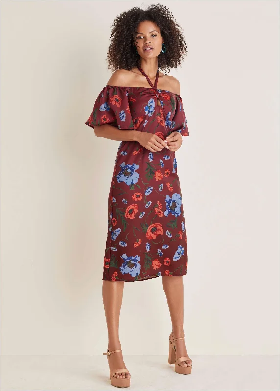 Women's Everyday Apparel Flutter Sleeve Midi Dress - Forest Floral