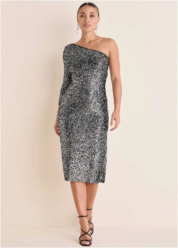 Stylish Women's Clothing All Over Sequin Midi Dress - Silver