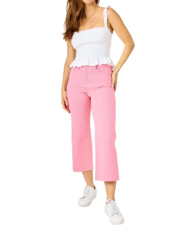 Stylish Outerwear Clothes For Women Crop Wide Leg Jean In Bubble Gum Pink