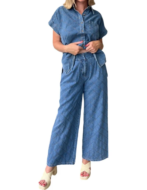 Women's Office Outfit Elevated Quilted Wide Leg Pants In Denim