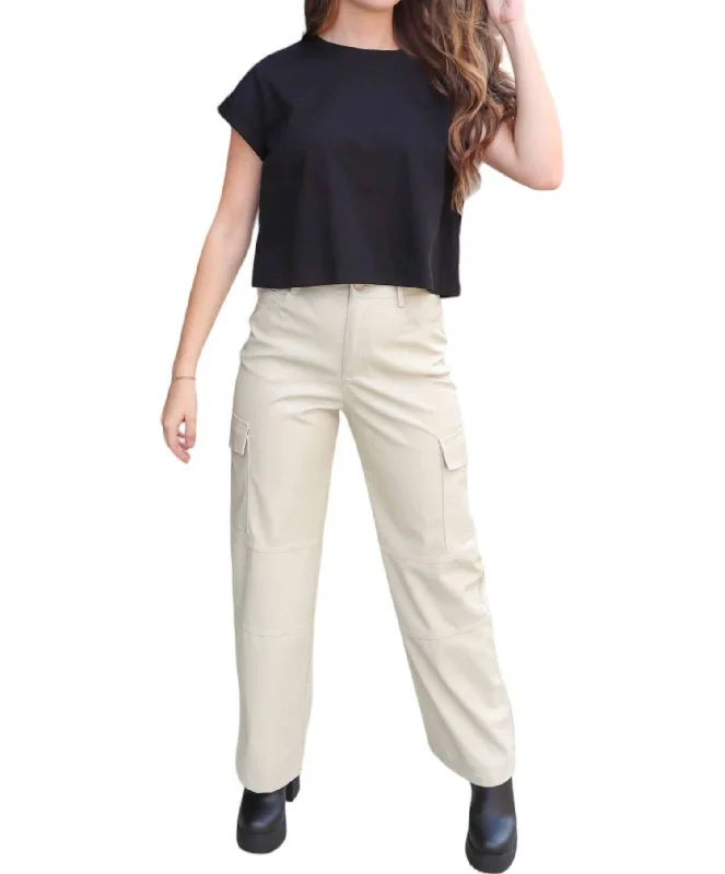 Modern Women's Outfit Faux Leather Cargo Pants In Cream