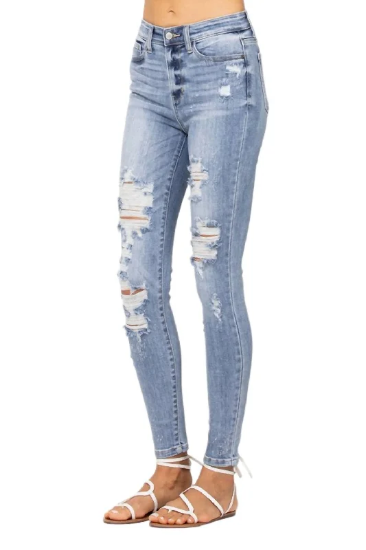 Women's Casual Garments High Rise Bleach Splatter Destroyed Skinny In Light Denim