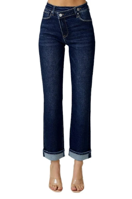 Women's Festive Attire High Rise Straight Leg With Cross Over Waistband In Dark Denim