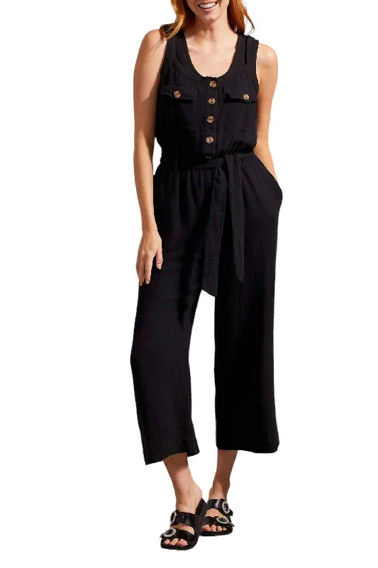 Women's Vacation Attire Jumpsuit With Sash And Pockets Button Front In Black