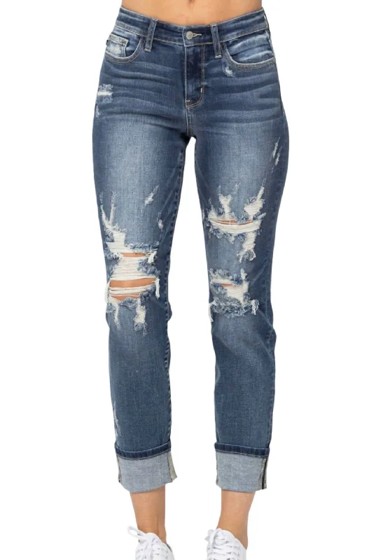 Women's Everyday Garments Mid Rise Destroyed Cuffed Boyfriend Jeans In Washed Denim