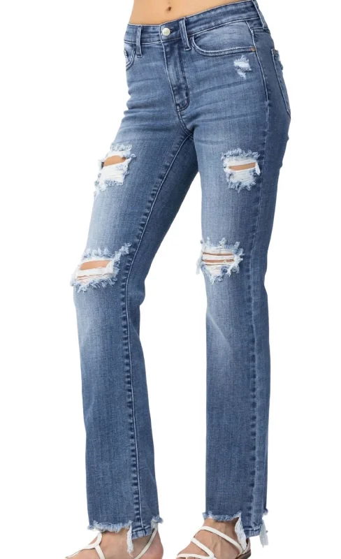 Women's Vintage Garments Mid Rise Destroyed Straight Jeans In Washed Denim