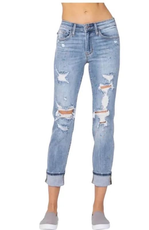 Women's Holiday Clothing Paint Splash Destroyed Boyfriend Jeans In Blue Paint Speckled