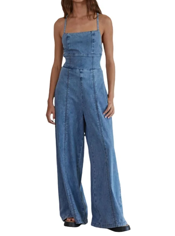 Women's Outdoor Attire Records On Denim Jumpsuit In Denim Blue