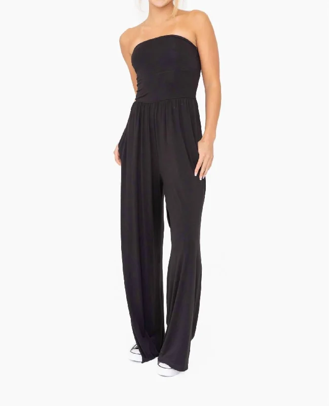 Women's Outerwear Clothing Strapless Flared Lounge Jumpsuit In Black