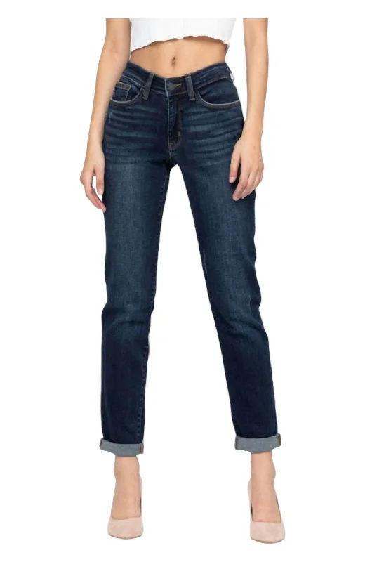 Women's Comfortable Lounge Garments Tapered Straight Jeans In Dark Blue