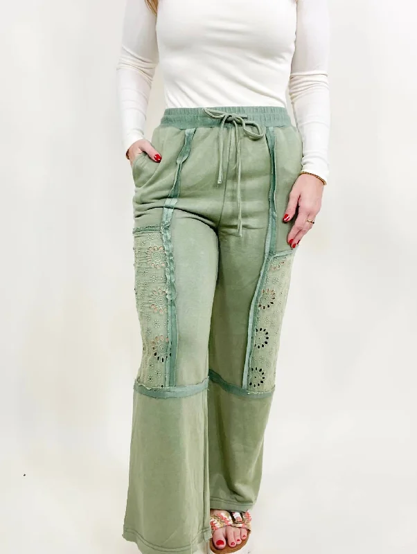 Women's Evening Wear Outfit Washed Lace Trim Pants In Green