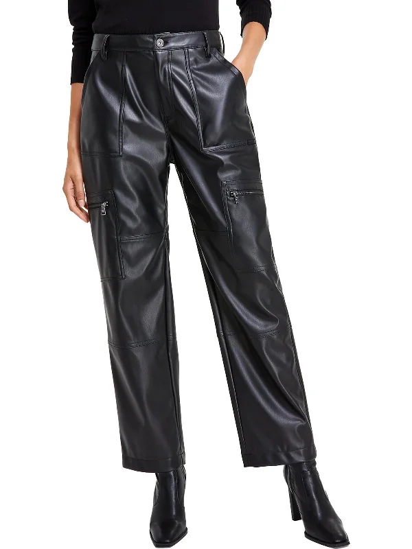 Women's Activewear Attire Womens Faux Leather Trim Zip Pockets Cargo Pants